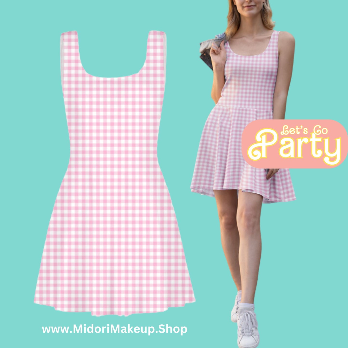Y2K 90s Pink Gingham Checkered Skater Dress Sleeveless Fit Flare Mini Checkered Retro Cruise Wear Gift Cmon Lets Go Party Group Doll Costume