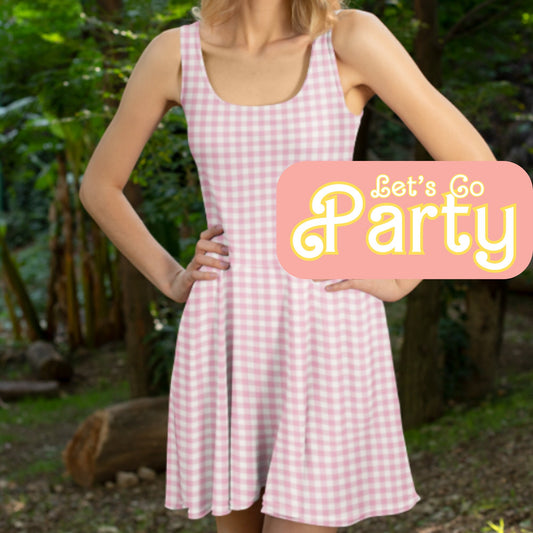 Y2K 90s Pink Gingham Skater Dress Sleeveless Fit Flare Mini Checkered Retro Bachelorette Party Gifts Cmon Lets Go Party Group Doll Costume