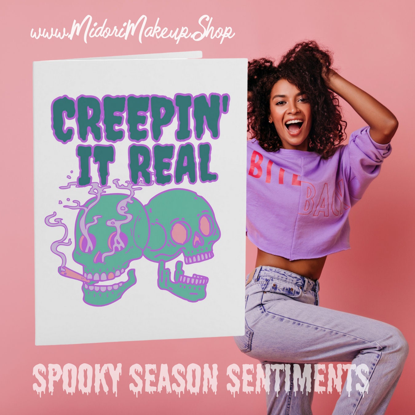 Spooky Cute Skulls Skeleton Smoke Kawaii Halloween Funny Fall Spooky Season Creepin It Real Retro Cute Tattoo Flash Goth Greeting Cards Set