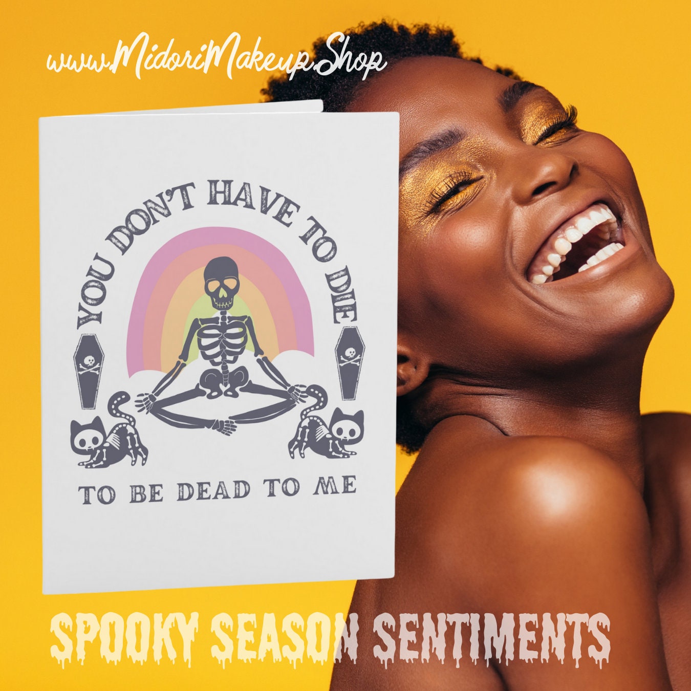 Spooky Cute Skeleton Cat Funny Skull Rainbow Kawaii Halloween Fall Spooky Season Retro 80s Cute Dead To Me Goth Death Greeting Card Gift Set