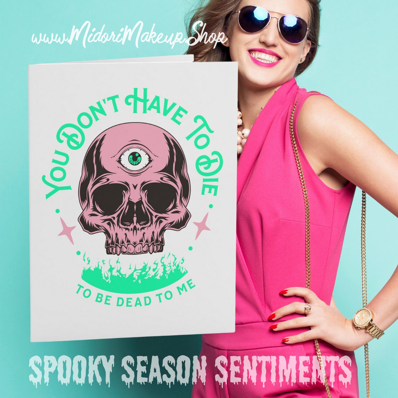 Spooky Cute Pink Skull Evil Eye Skeleton Funny Kawaii Halloween Fall Spooky Season Retro 80s Cute Dead To Me Goth Death Greeting Cards Gift