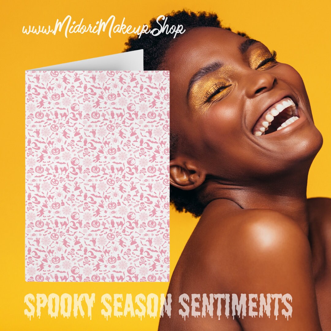 Pink Halloween Pattern Skulls Pastel Goth Witchy Vibe BFF Funny Gift Fall Season Spooky Skeleton Retro Trick Treat Happy Halloween Card 1-10