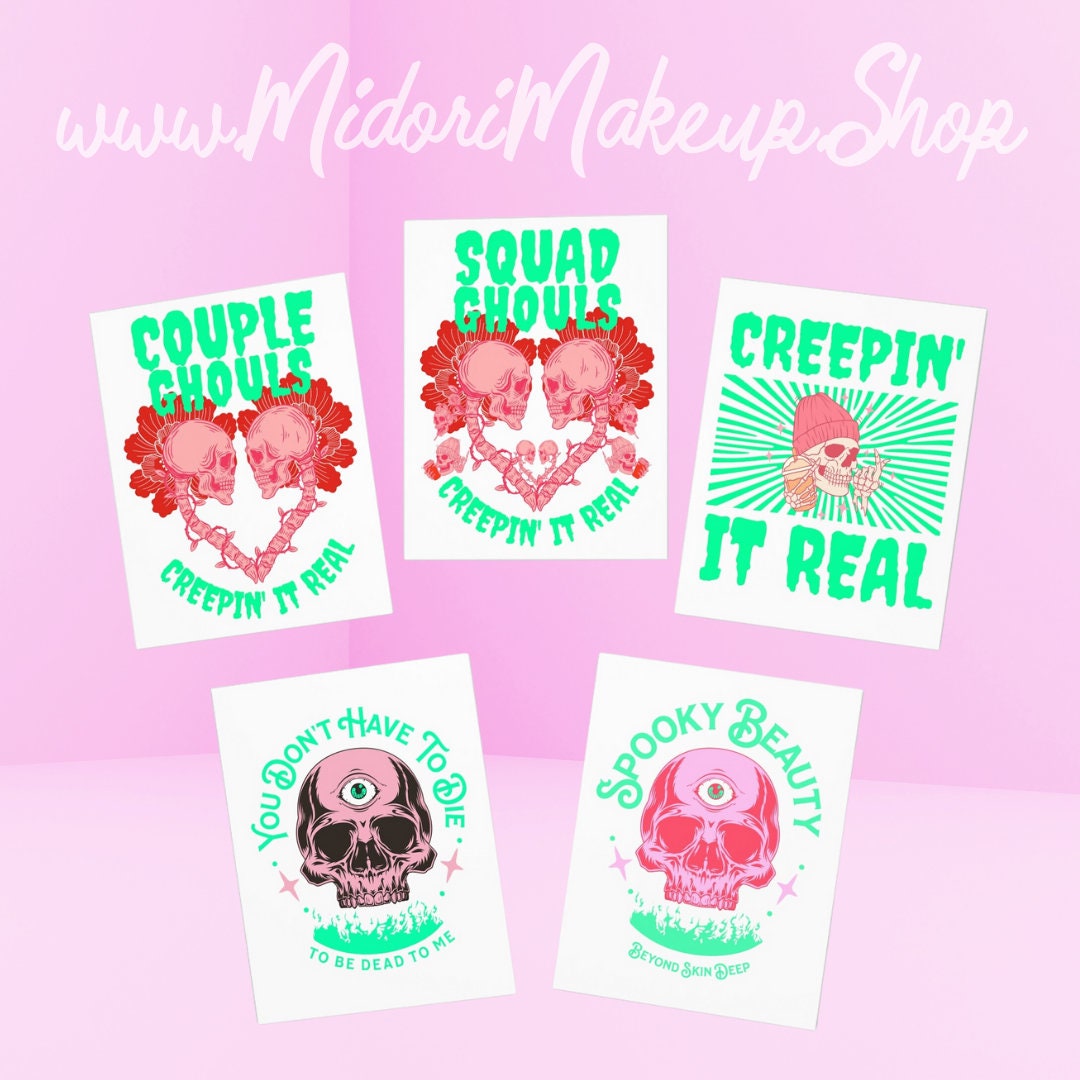 Happy Halloween Spooky Season Fall Gift Cute Pink Pastel Goth Couple Squad Ghouls Skulls Hearts Retro y2k 90s Assorted Greeting Cards Set 5
