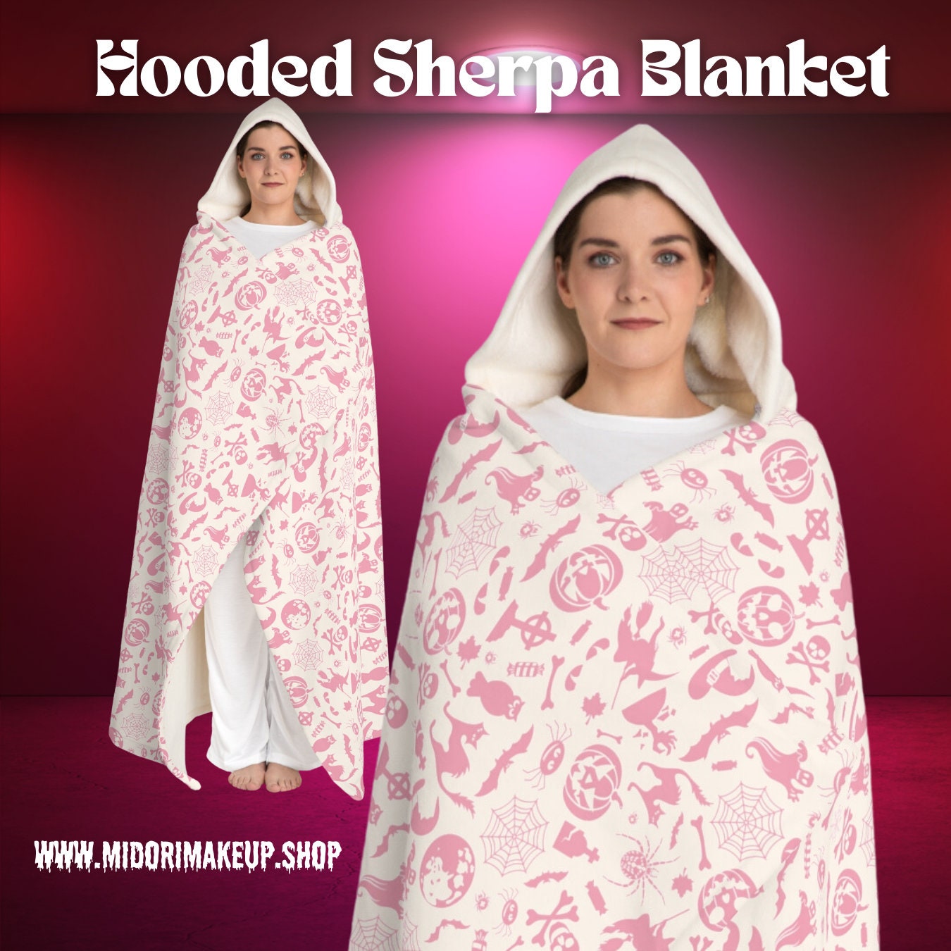 Cute Pink Pumpkin Adult Hoodie Blanket Gift Fall Spooky Season Shawl Poncho Kawaii Witch Costume Slumber Party Hooded Sherpa Fleece Wrap