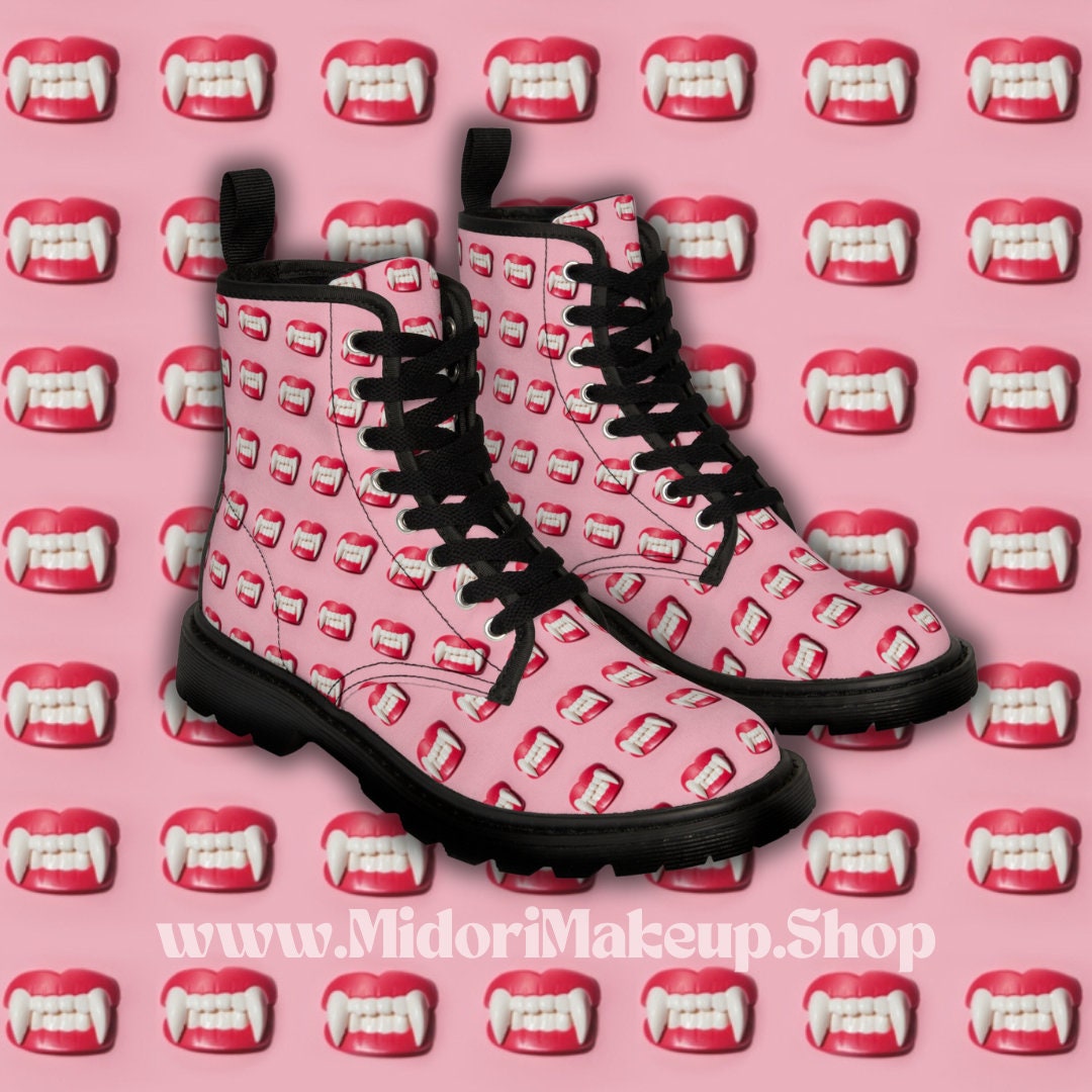 Pink Vampire Fang Docs Retro Red Lips Lace-Up Lug Sole Boot Dracula Bite Fangs Fall Pattern Women's Costume Cosplay Canvas Doc Bite Boots