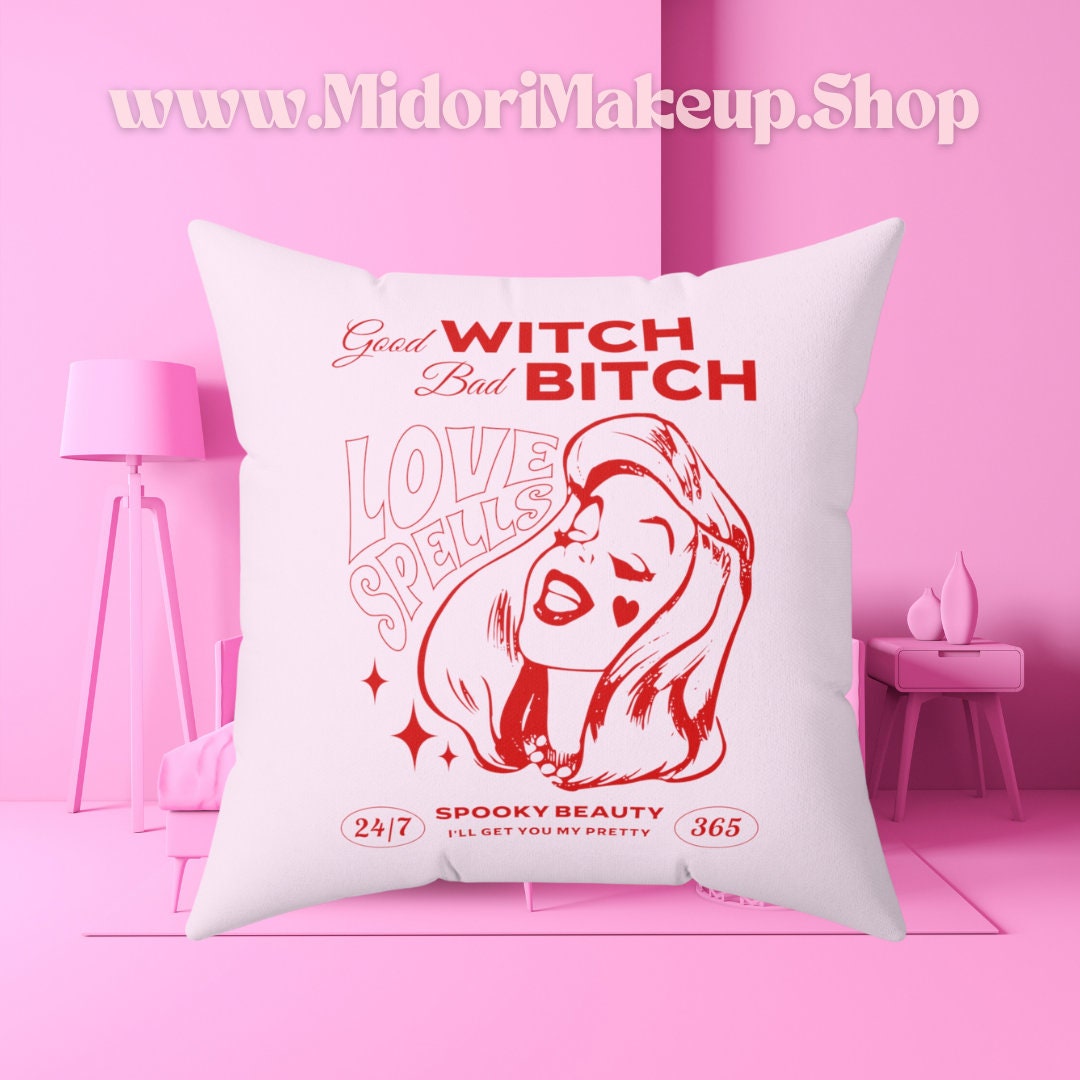 Cute Retro Pink Good Witch Bad Bitch Pillow Gift - Witchy Vibes Groovy 70s 50s 80s Punk Y2K Vintage-Style Mid-Mod Decor Dorm Square Pillow