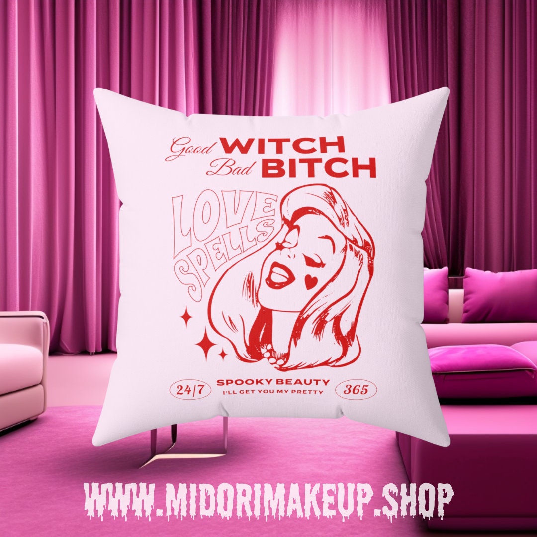 Cute Retro Pink Good Witch Bad Bitch Pillow Gift - Witchy Vibes Groovy 70s 50s 80s Punk Y2K Vintage-Style Mid-Mod Decor Dorm Square Pillow