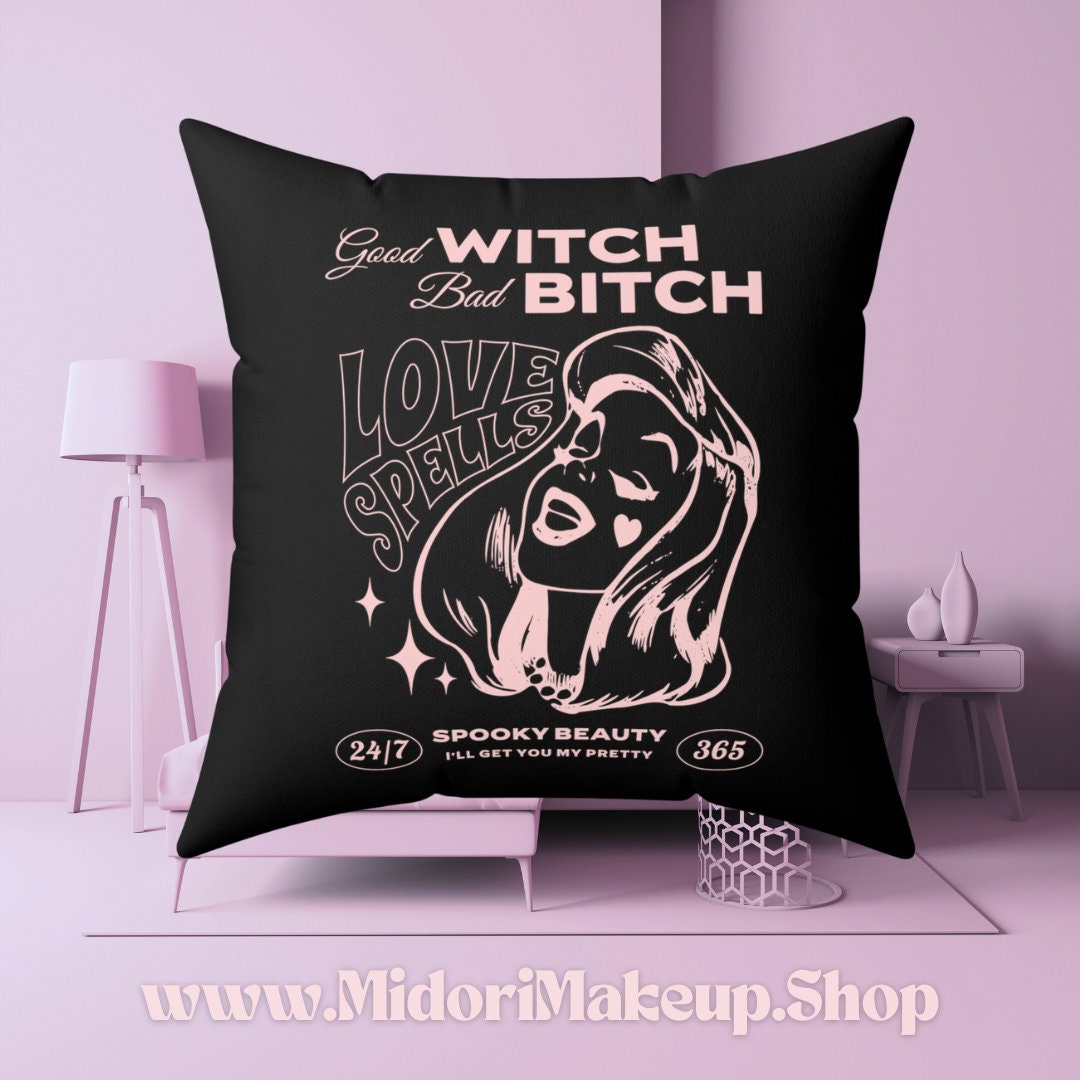 Good Witch Bad Bitch Sassy BFF Best Friend Goth Gift - Witchy Retro Groovy 90s Punk Y2K Love Spells Black Boudoir Square Dorm Decor Pillow