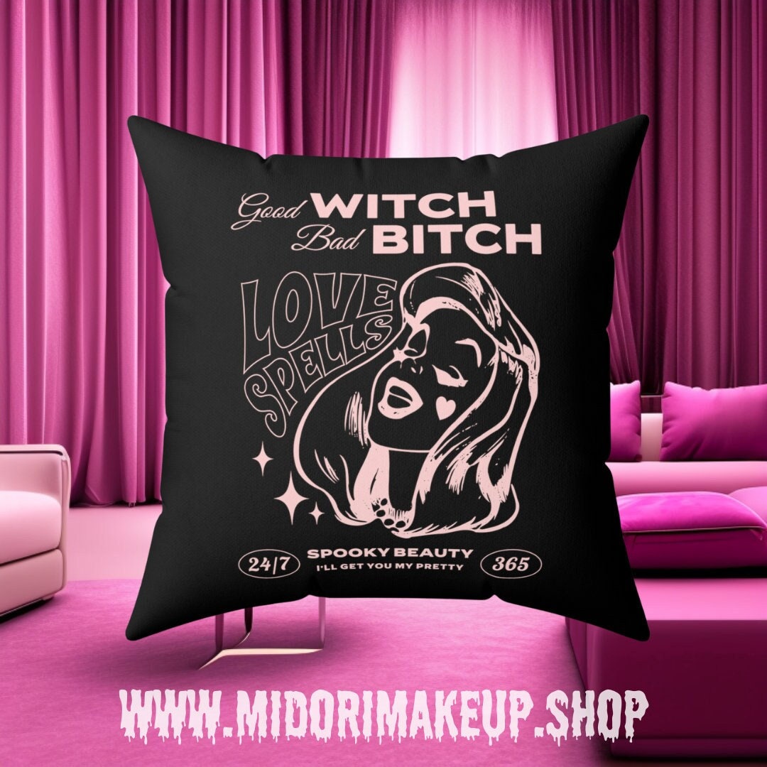 Black Pink Boudoir Bestie BFF Girlfriend Gift - Good Witch Bad Bitch - Retro Groovy Witchy Punk Y2K Mod Love Spells Square Dorm Decor Pillow