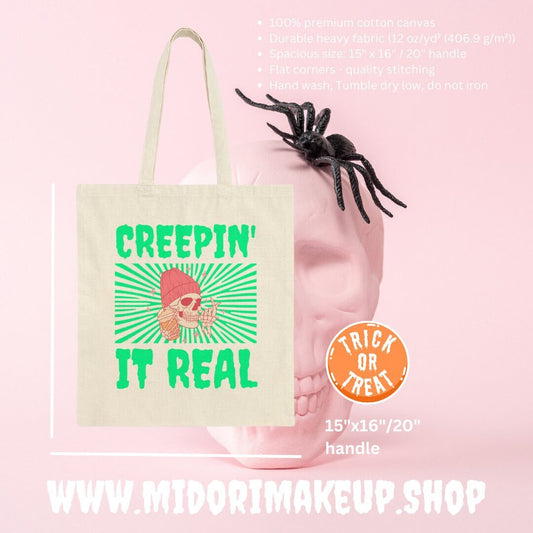 Spooky Cute Skull Halloween Trick or Treat Pink Pastel Goth Cotton Canvas Tote Bag Gifts Creepin it Real Costume Candy Party Favor Swag Bags