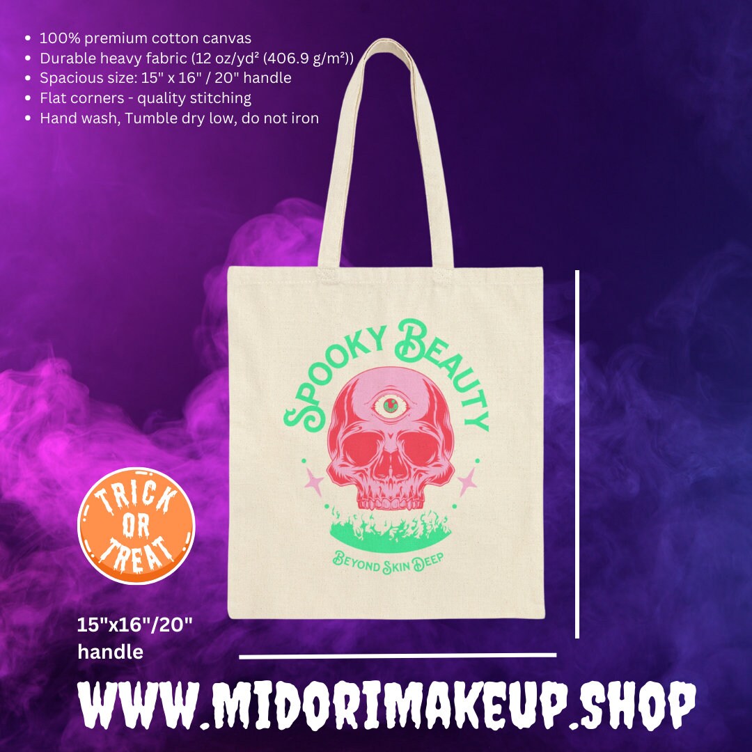 Spooky Beauty Cute Halloween Skull Pink Evil Eye Trick or Treat Pastel Goth Cotton Canvas Tote Bag Gifts Costume Candy Favor Swag Book Bags