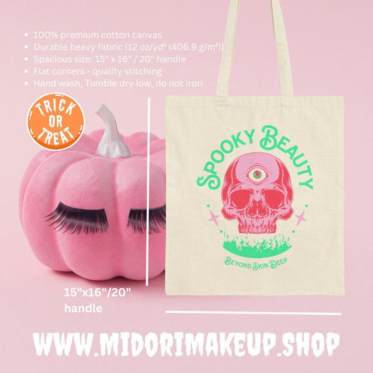 Spooky Beauty Cute Halloween Skull Pink Evil Eye Trick or Treat Pastel Goth Cotton Canvas Tote Bag Gifts Costume Candy Favor Swag Book Bags