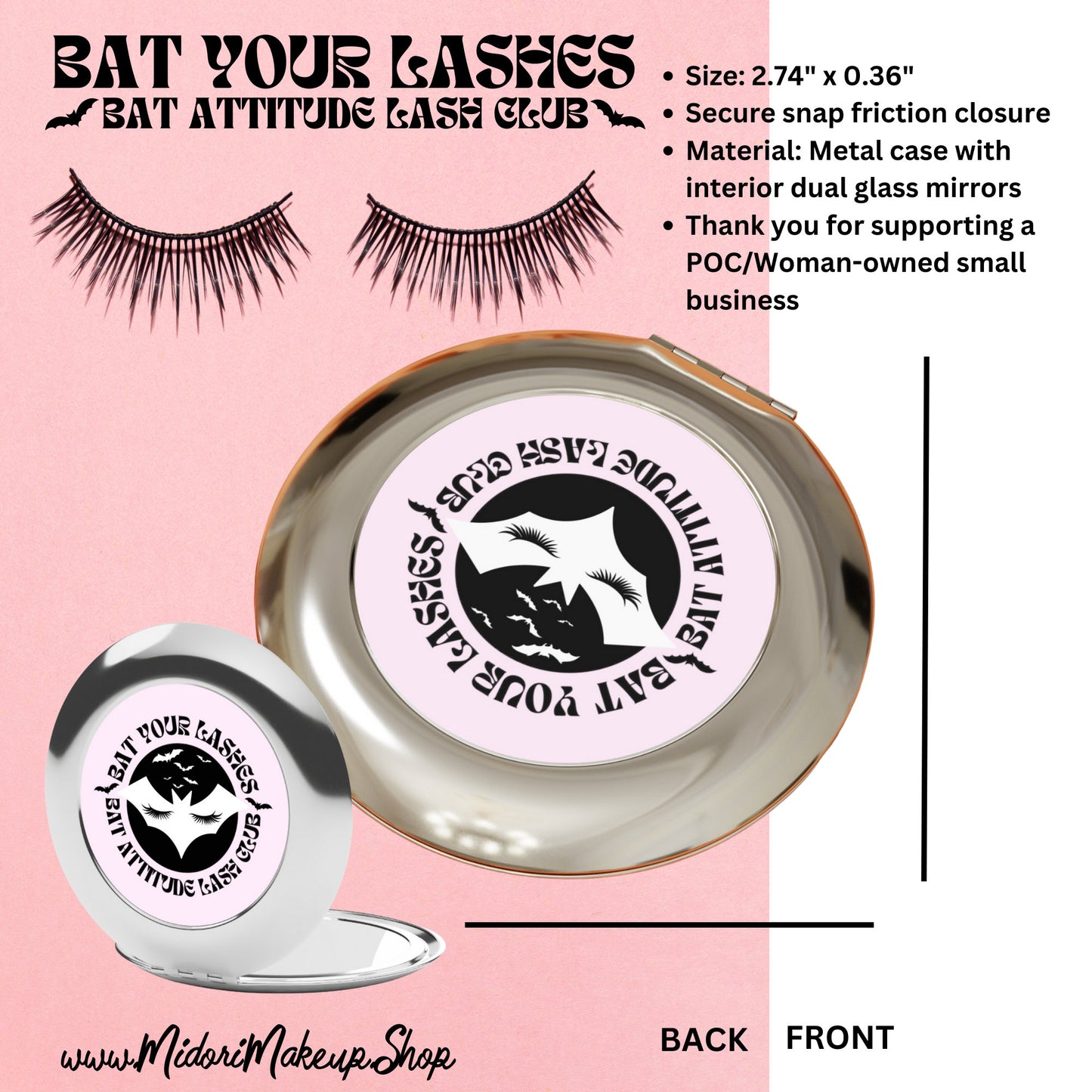 Cute Bat Your Lashes Mirror Travel Compact Goth Girl Spooky Season Halloween Funny Bats Cosmetologist Esthetician Makeup Artist Lash Gift