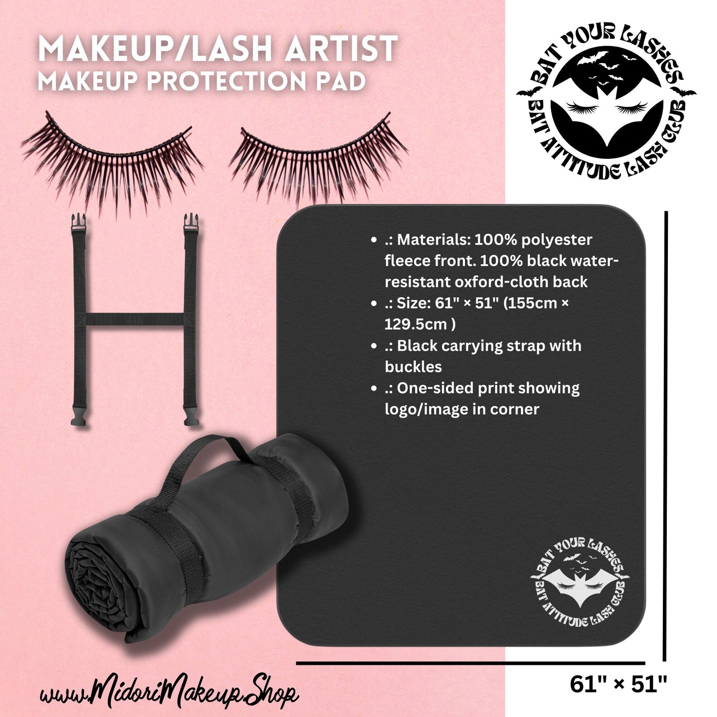Makeup Artist Travel Protection Pad, Bat Your Lashes Freelance MUA Kit Tool, Water-Resistant Blanket Gift, Protect Surfaces from Makeup