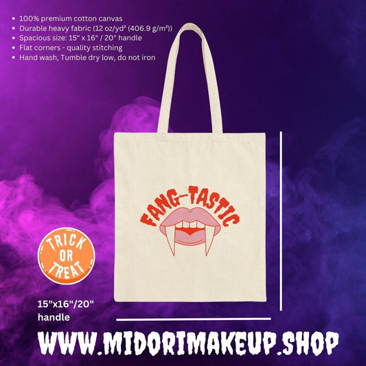 Spooky Cute Fangs Halloween Vampire Trick or Treat Pink Pastel Goth Canvas Tote Dentist Gifts BFF Fangtastic Costume Candy Favor Swag Bags