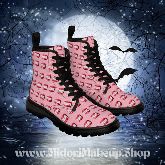 Pink Vampire Fang Docs Retro Red Lips Lace-Up Lug Sole Boot Dracula Bite Fangs Fall Pattern Women's Costume Cosplay Canvas Doc Bite Boots