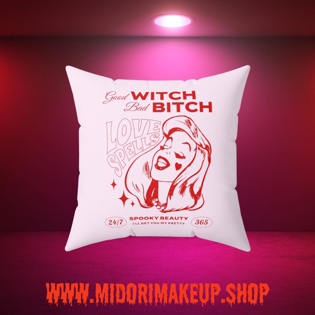 Retro Pink Good Witch Bad Bitch BFF Goth Girl Gift - Witchy Red Valentine Groovy 70s Y2K Mod Love Spells Square Boudoir Pillow Dorm Decor