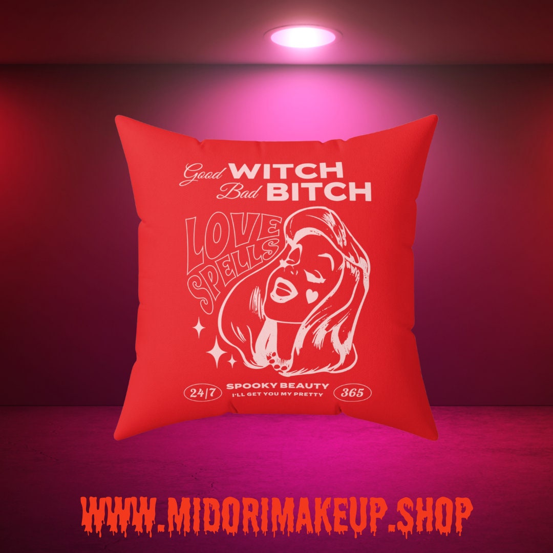 Good Witch Bad Bitch Gift Pink Red Witch Throw Retro Groovy 70s 50s 60s 80s Y2K Vintage-Style Mid-Mod Love Spells Boudoir Square Dorm Pillow