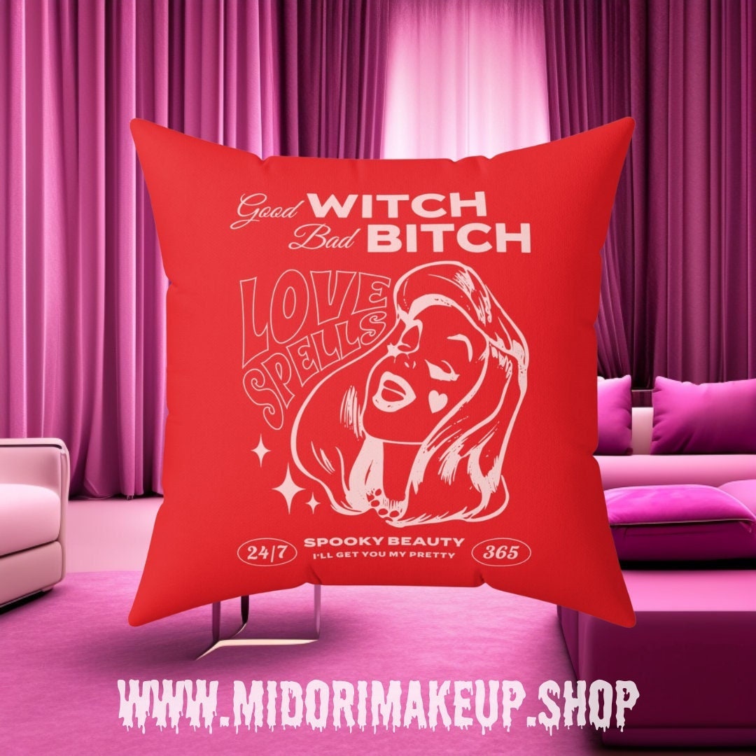 Good Witch Bad Bitch BFF Goth Girlfriend Gift - Red Witchy Vibes Retro Groovy 70s Punk Y2K Mod Dorm Decor Love Spells Square Boudoir Pillow