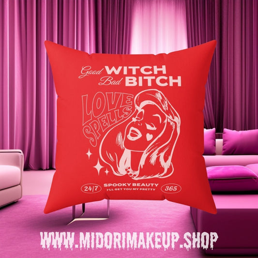 Good Witch Bad Bitch Gift Pink Red Witch Throw Retro Groovy 70s 50s 60s 80s Y2K Vintage-Style Mid-Mod Love Spells Boudoir Square Dorm Pillow
