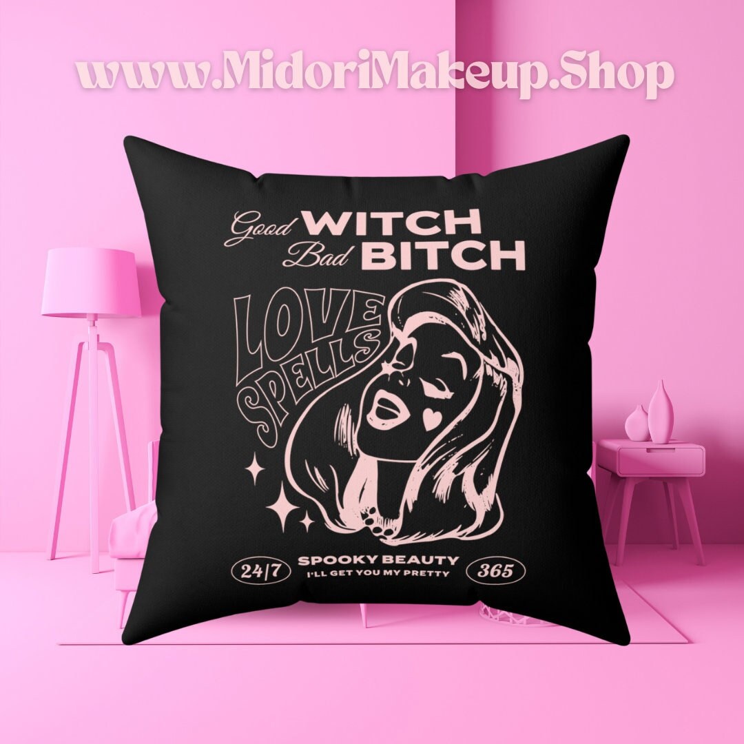 Black Pink Boudoir Bestie BFF Girlfriend Gift - Good Witch Bad Bitch - Retro Groovy Witchy Punk Y2K Mod Love Spells Square Dorm Decor Pillow