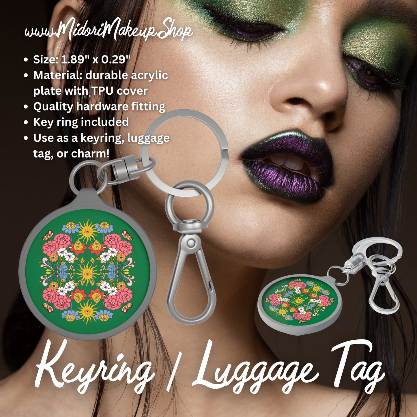 Trippy Green Garden Floral Eyes Keyring - Holiday Hippie Psychedelic Flower Evil Eye Lucky Gardener Gift Luggage Tag Keychain Key Clip Favor
