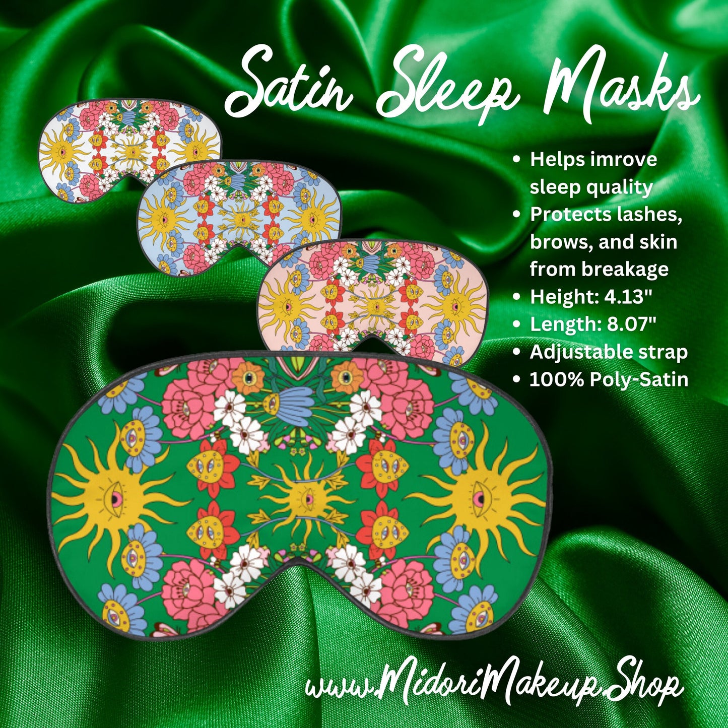 Green Goddess Garden Psychedelic Flower Eyes Silky Satin Sleep Eye Masks - Retro 70s Boho Cottagecore Dark Academia Maximalist Self-Care Spa