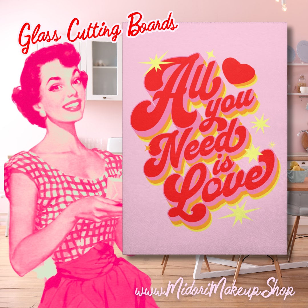 Inspirational Quote Pink Love Cutting Board All You Need Is Love Charcuterie Dinner Party Appetizer Glass Platter Holiday Housewarming Gift