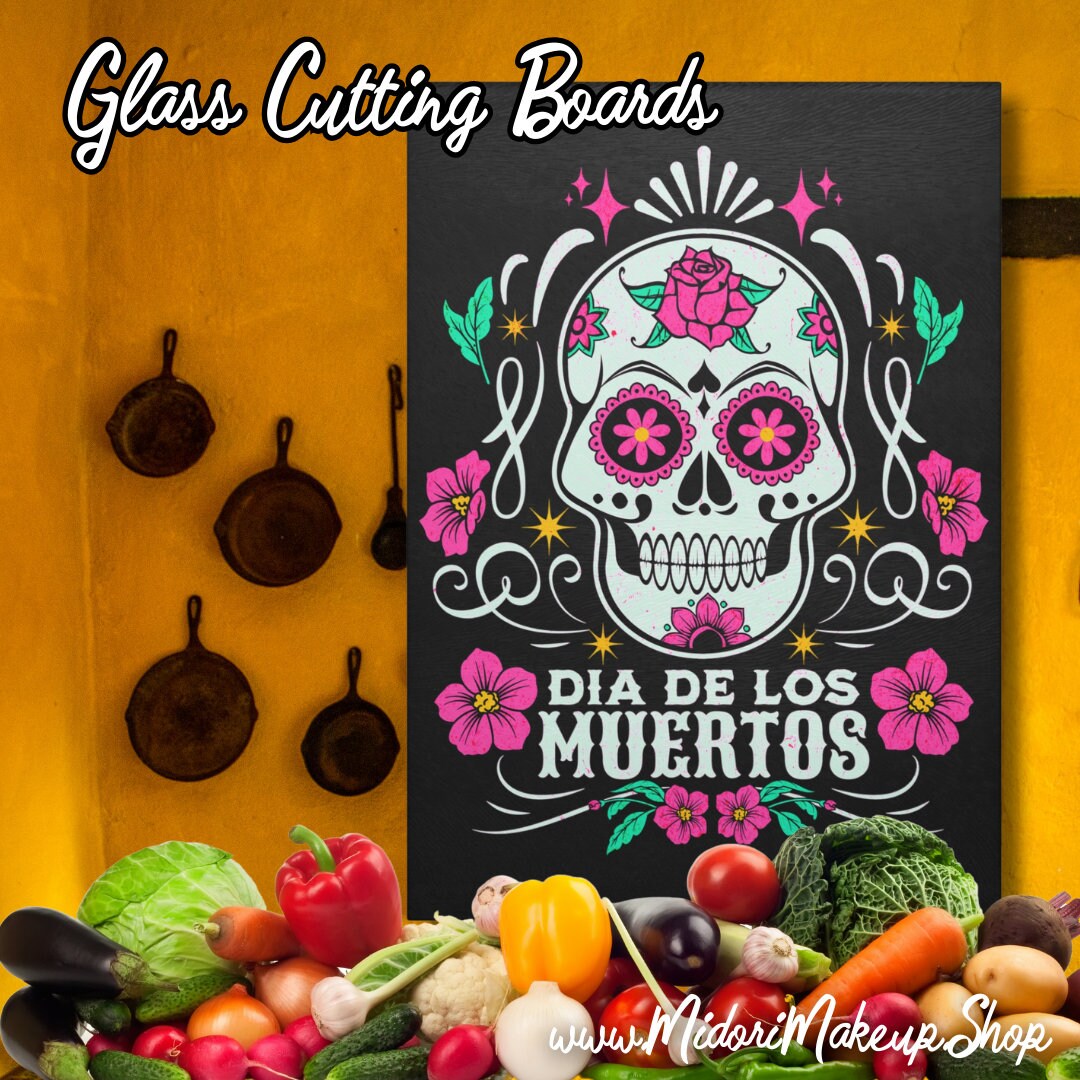 Dia de Los Muertos Cutting Board Day of the Dead Sugar Skull Art Charcuterie Dinner Party Appetizer Glass Platter Housewarming Kitchen Gift