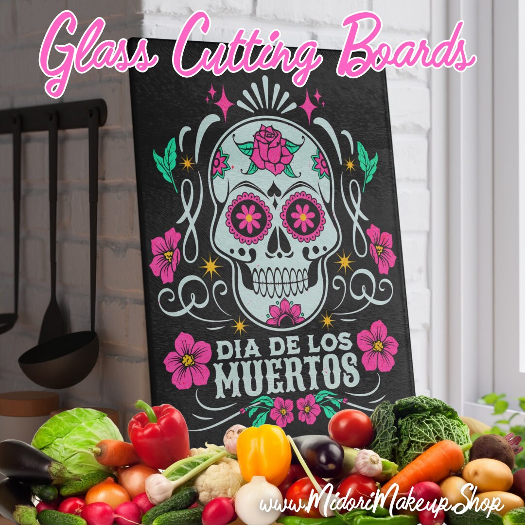 Dia de Los Muertos Cutting Board Day of the Dead Sugar Skull Art Charcuterie Dinner Party Appetizer Glass Platter Housewarming Kitchen Gift