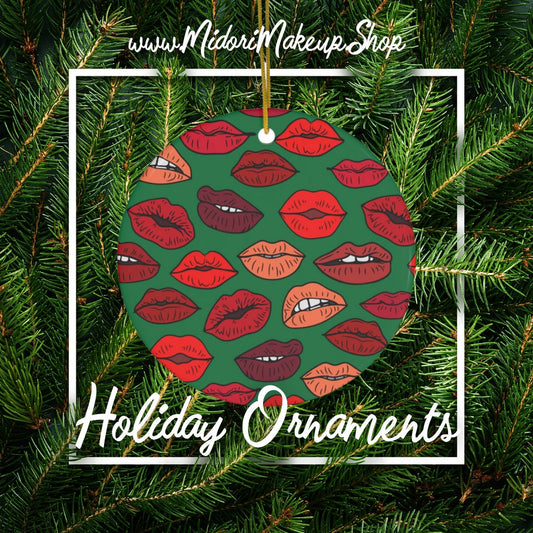 Retro Christmas Kisses Holiday Ornament - Kiss Lips Makeup Artist- Thank You Girlfriend Gift Tag Stocking Stuffer- Valentine Xmas Tree Decor