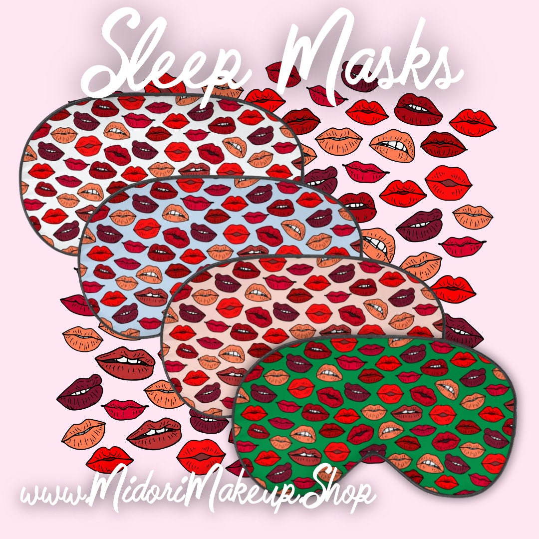 Christmas Kisses Mistletoe Mask - Silky Satin Sleep Eye Masks - Retro Red Lips Slumber Party -  Holiday Xmas Self-Care Spa Gift