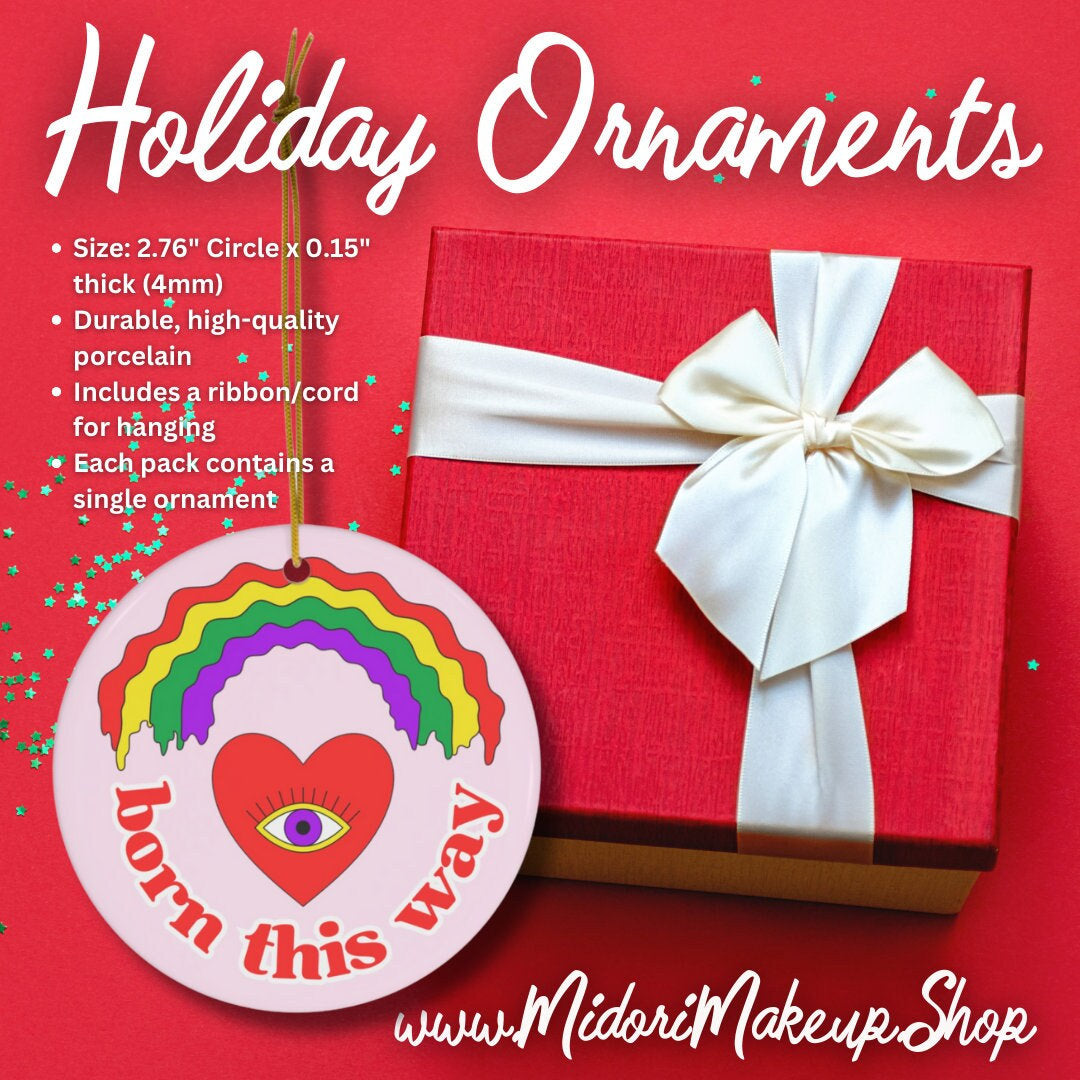 Retro Rainbow Holiday Accent Ornament - Born This Way LGBTQIA Gay Queer Trans Pride - Housewarming BFF Gift Tag - Xmas Christmas Tree Decor