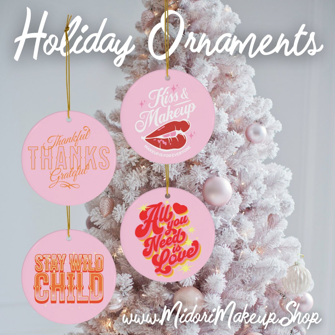 Retro Pink Lips Holiday Ornament - Kiss & Makeup Artist MUA - Thank You Client Gift Tag Stocking Stuffer Swag - Ceramic Christmas Tree Decor