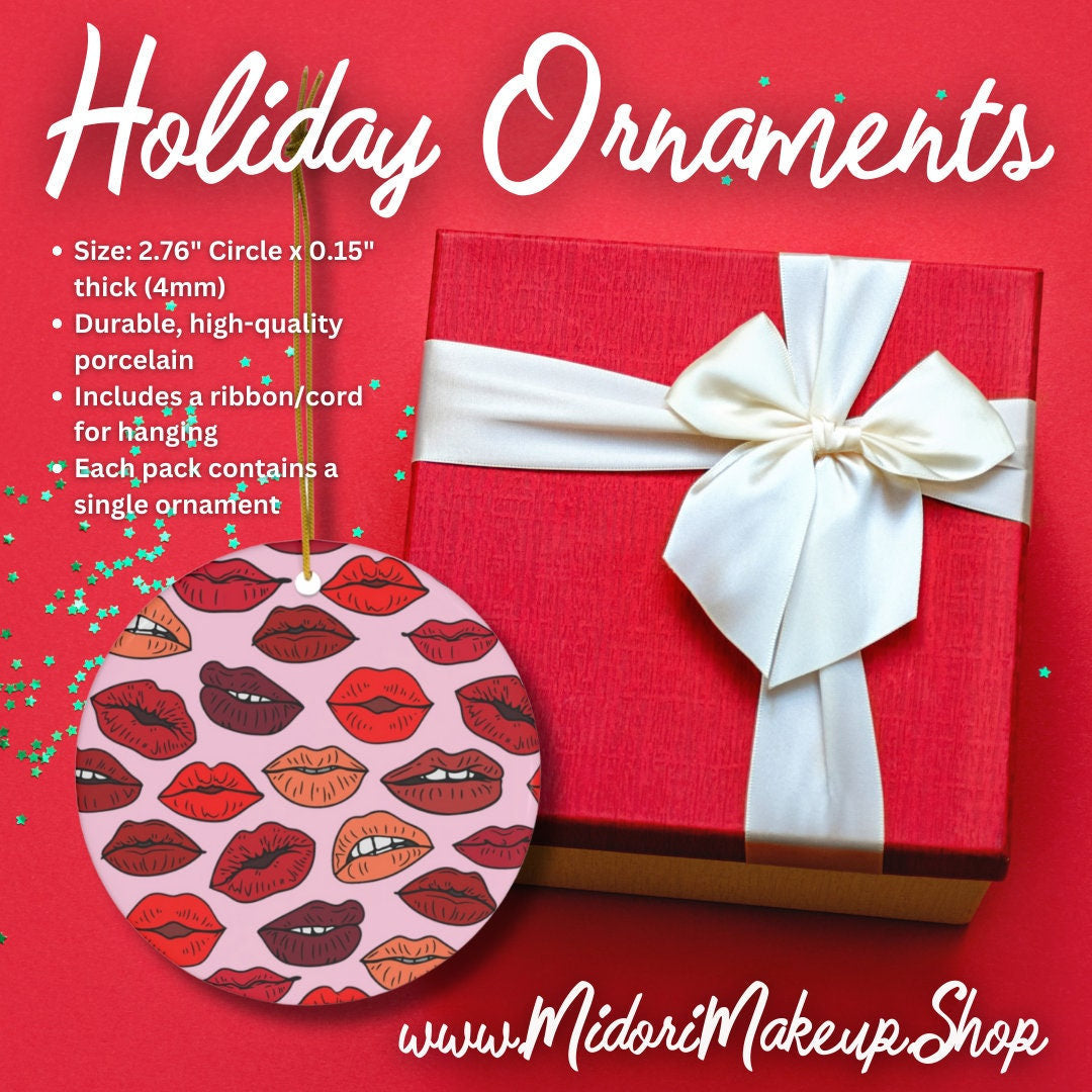 Retro Pink Holiday Ornament - Kiss Lips Makeup Artist MUA - Thank You Client Gift Tag Stocking Stuffer - Valentine Xmas Christmas Tree Decor