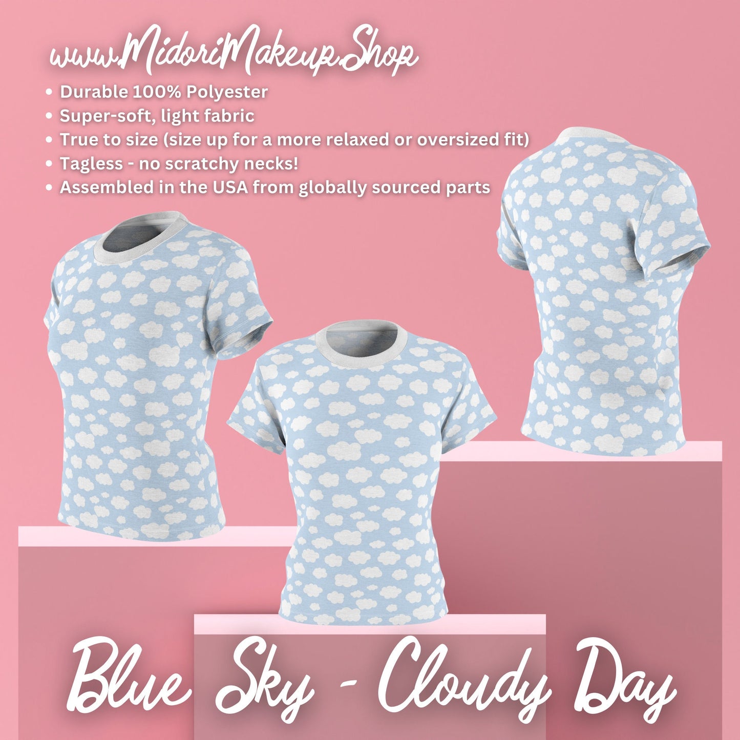 Retro Cloudy Blue Sky Tshirt, Cute Boho Y2K Kawaii Harajuku Clouds Shirt, Girlfriend Best-Friend Pastel Goth Gift, Costume Cosplay Group Tee