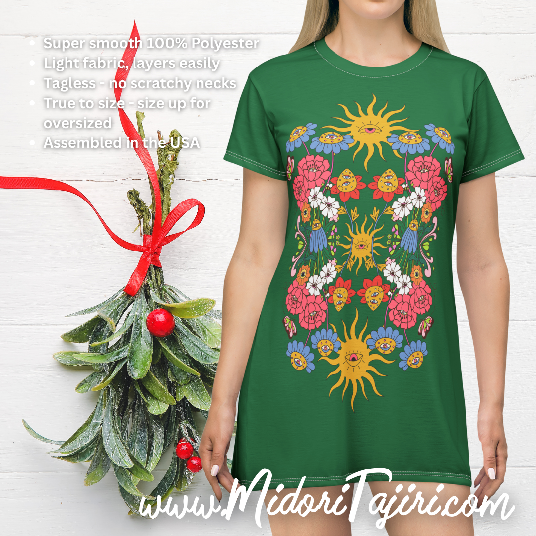 Retro Green Goddess Flower Eyes T-Shirt Dress, Psychedelic Floral Wonderland Garden 70s 90s Boho Celestial Cottagecore Gift, Holiday Sleep-wear Shirt Dress