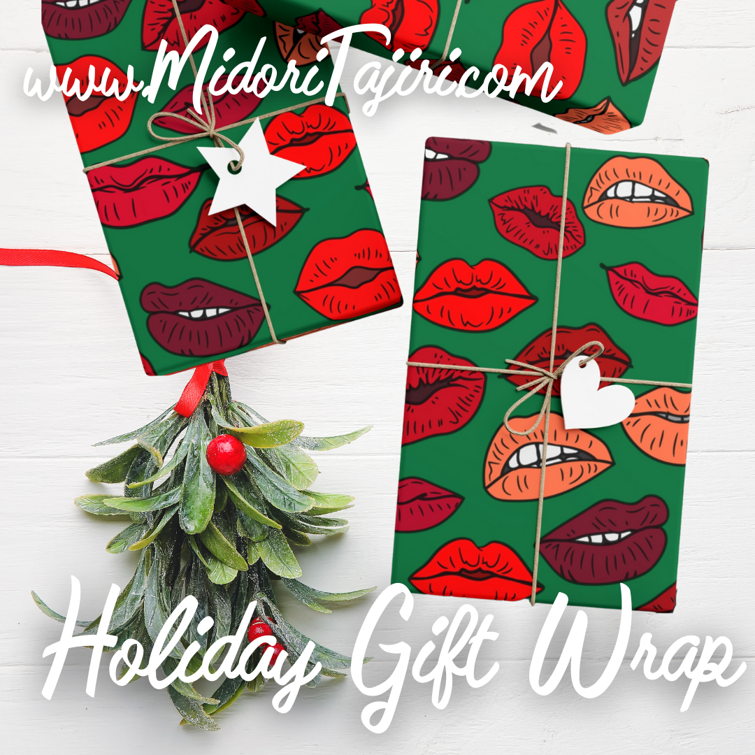 Green Christmas Kisses Gift Wrap, Retro Red Kiss Lips Mistletoe Craft Paper, Holiday Present Wrapping Decor, Xmas Scrapbook Crafting Papers