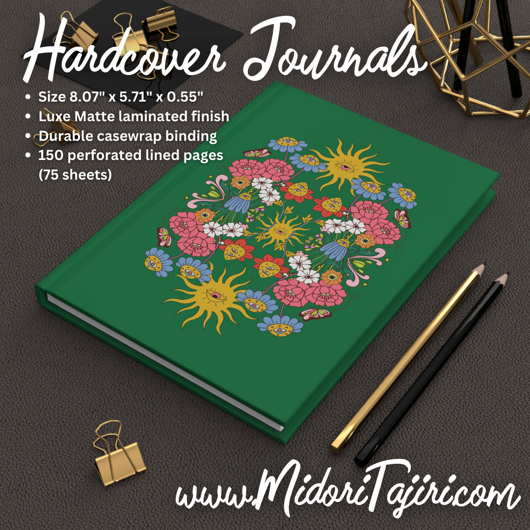 Wonderland Garden Flower Eyes Hardcover Blank Lined Journal, Holiday Hippie Green Gardener Gift Notebook - Retro 70s Floral Maximalist Diary