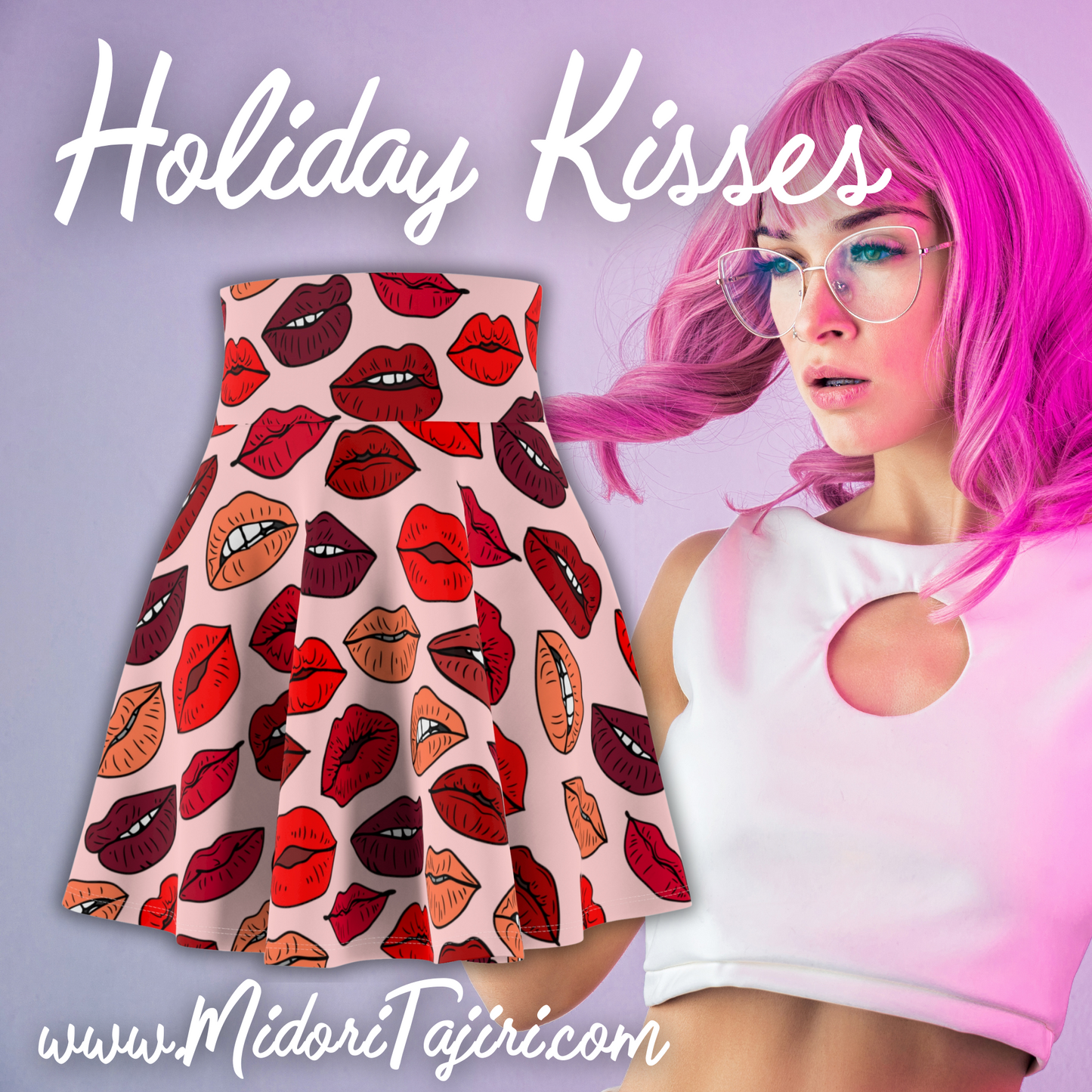 Retro Pink & Red Kiss Lips Skater Skirt, Valentine Holiday Harajuku Group Cosplay Costume, Girlfriend Bestie BFF Gift, High Waisted y2k 90s Skirt