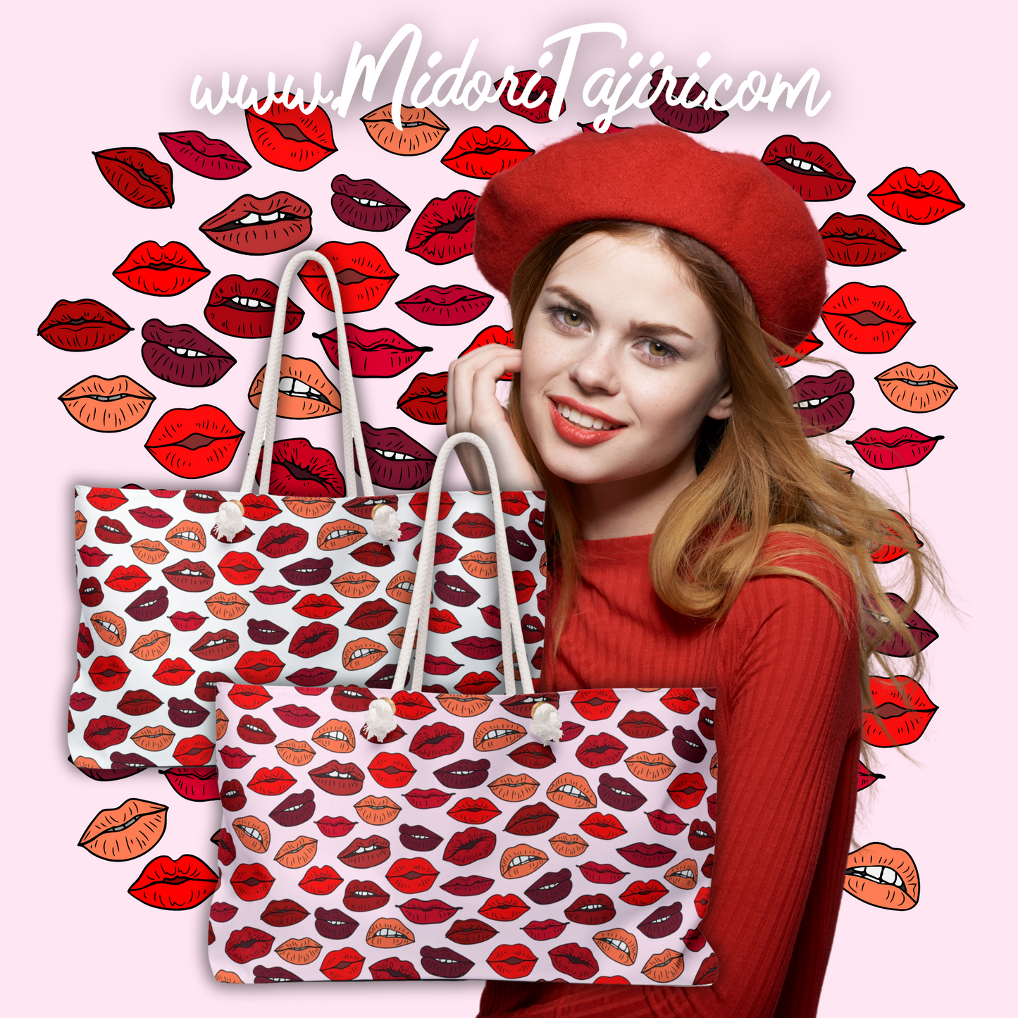 Retro Pink and Red Kisses Weekender Tote, Holiday Valentine Kiss Lips Book Brush Swag Bag, MUA Freelance Makeup Artist Cosmetics Gift Bag