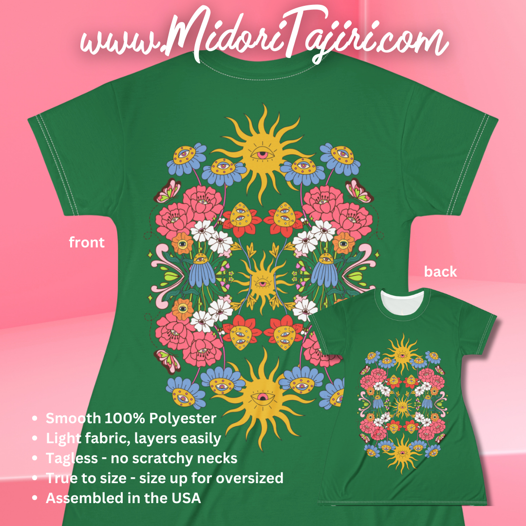 Retro Green Goddess Flower Eyes T-Shirt Dress, Psychedelic Floral Wonderland Garden 70s 90s Boho Celestial Cottagecore Gift, Holiday Sleep-wear Shirt Dress