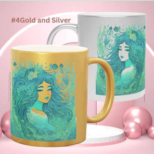 Metallic Mermaid Mug Gift Gold Mermaid Silver Mug Blue Mermaid Background Mug Sirens Mermaids Gift Art Nouveau Mermaid Aesthetic Gift Mug #4