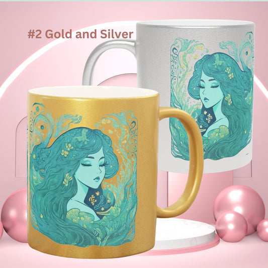 Metallic Mermaid Mug Gift Gold Mermaid Silver Mug Blue Mermaid Background Mug Sirens Mermaids Gift Art Nouveau Mermaid Aesthetic Gift Mug #2