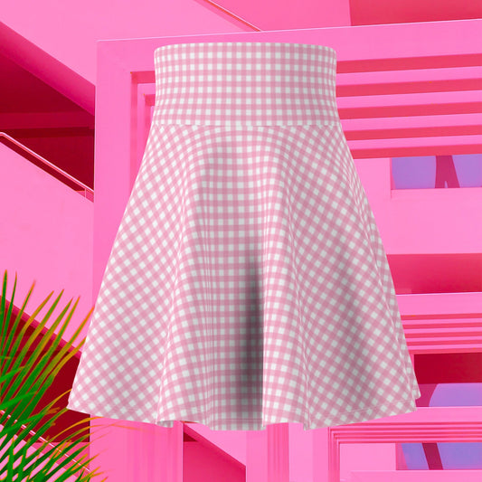 Pink Gingham Skater Skirt Retro Checkered Matte Rose Gold Flared Mini 50s 60s 90s Y2K Gift Cmon Lets Go Party Costume High Waist PinUp Skirt