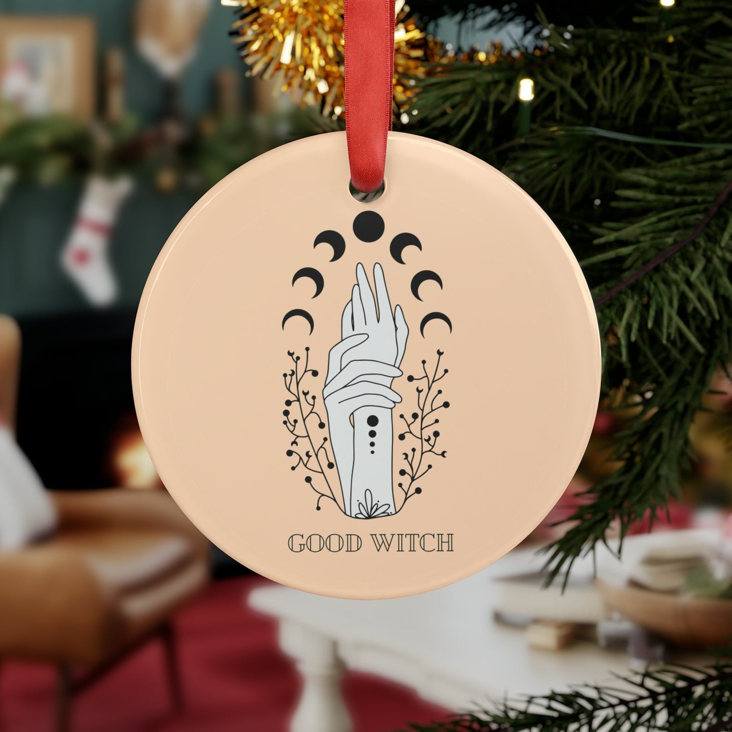 Good Witch Winter Solstice Gift Celestial Star Girl Whimsigoth Cottagecore Moon Phases Witchy Vibes Holiday Xmas Christmas Acrylic Ornament