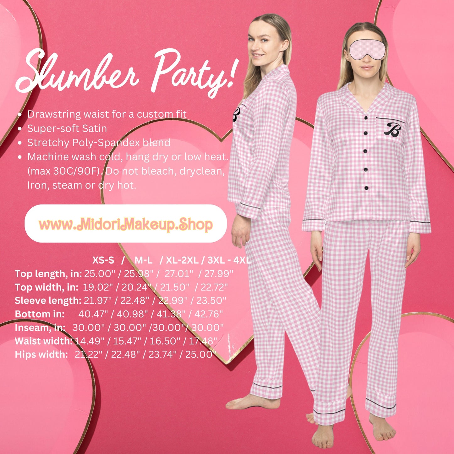 Pink Gingham Y2K 90s Retro 50s 60s Check Satin Pajamas Classic Slumber Party PJ Checker Personalized Customized Bridal Bachelorette PJs Gift