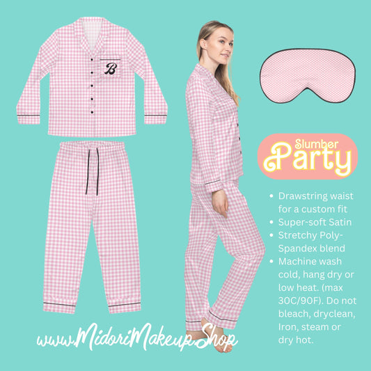 Pink Gingham Y2K 90s Retro 50s 60s Checkered Satin Pajamas Classic Slumber Party PJ Checker Personalized Customized Bridal Bachelorette PJs
