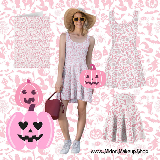 Pink Halloween Print Witchy Vibes Spooky Season Fall Good Witch Cute Costume y2k 90s 2000s Trick or Treat Pastel Goth Fit Flare Skater Dress