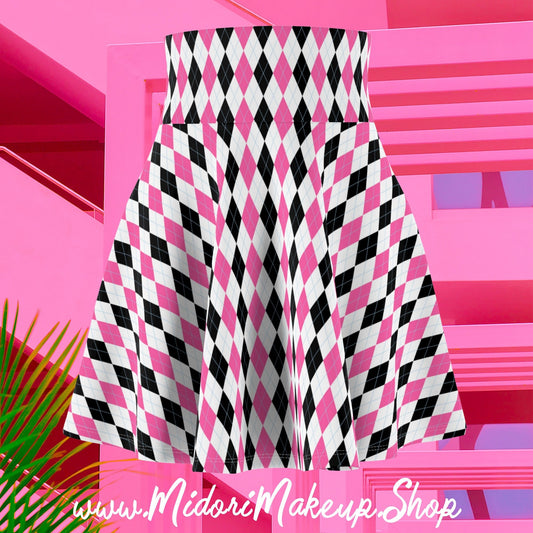 Pink Black Diamond Pattern White Skater Skirt Argyle Clue-less Flared Mid Mod Mini Checker 90s 50s 60s 70s Retro Y2K Harlequin Costume Gift